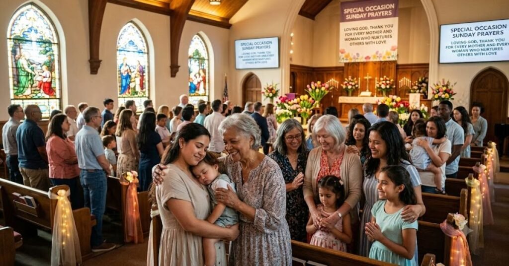 Special Occasion Sunday Prayers image showing a diverse church congregation inside a beautifully lit church with stained glass windows