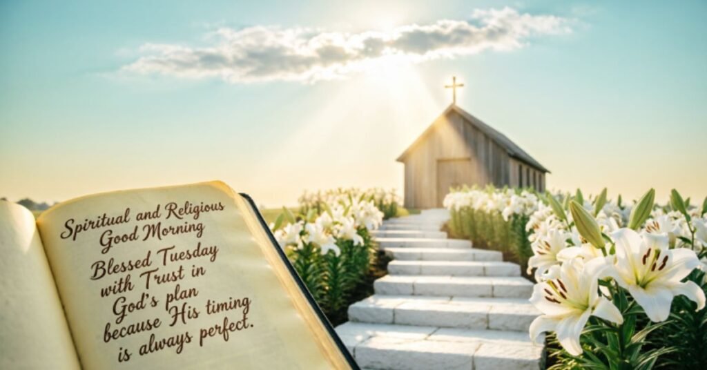 Spiritual and Religious Good Morning Blessed Tuesday featuring an open Bible, a countryside church, blooming white lilies, and a Christian quote encouraging faith, trust in God's plan, hope, and divine timing."