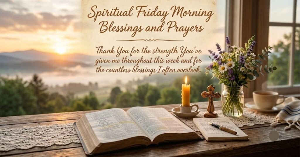 Spiritual Friday Morning Blessings and Prayers featuring an open Bible, glowing candle, wooden cross, fresh wildflowers, and a serene sunrise landscape with an inspirational prayer thanking God for His strength, guidance, and countless blessings.