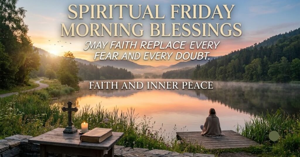 piritual Friday Morning Blessings for Faith and Inner Peace featuring a serene sunrise over a tranquil lake, a cross, open Bible, glowing candle, and a person praying, with an inspirational Christian message about replacing fear with faith and finding God's peace.