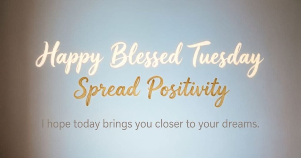 Happy Blessed Tuesday image with a simple blue background and an uplifting message to spread positivity, inspire hope, and encourage moving closer to your dreams.