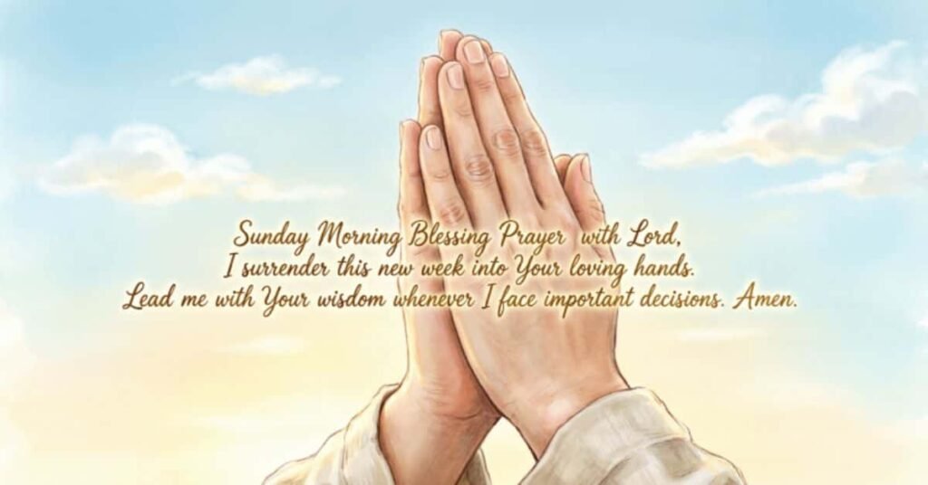 Sunday morning blessing prayer image featuring folded praying hands against a peaceful sunrise sky with an inspirational Christian prayer asking the Lord for wisdom, guidance, and blessings throughout the new week.