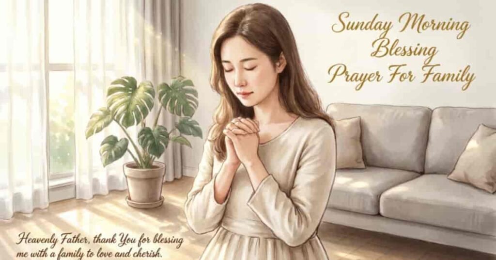 Sunday morning blessing prayer for family image featuring a woman praying in a peaceful living room filled with morning sunlight, asking God to bless, protect, and strengthen her family with love, peace, and faith.