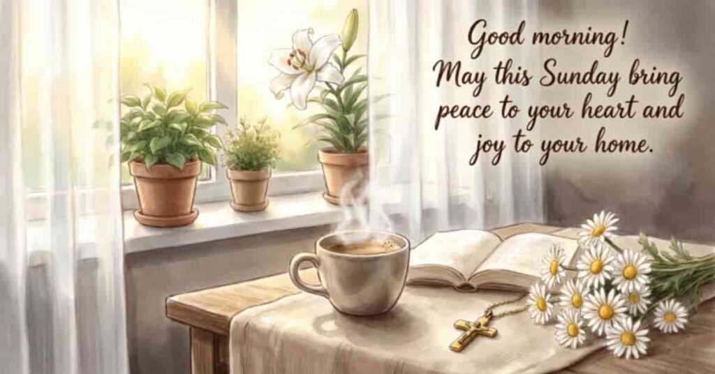 Good morning Sunday blessing with a steaming coffee cup, open Bible, cross, white daisies, and potted plants by a sunny window.