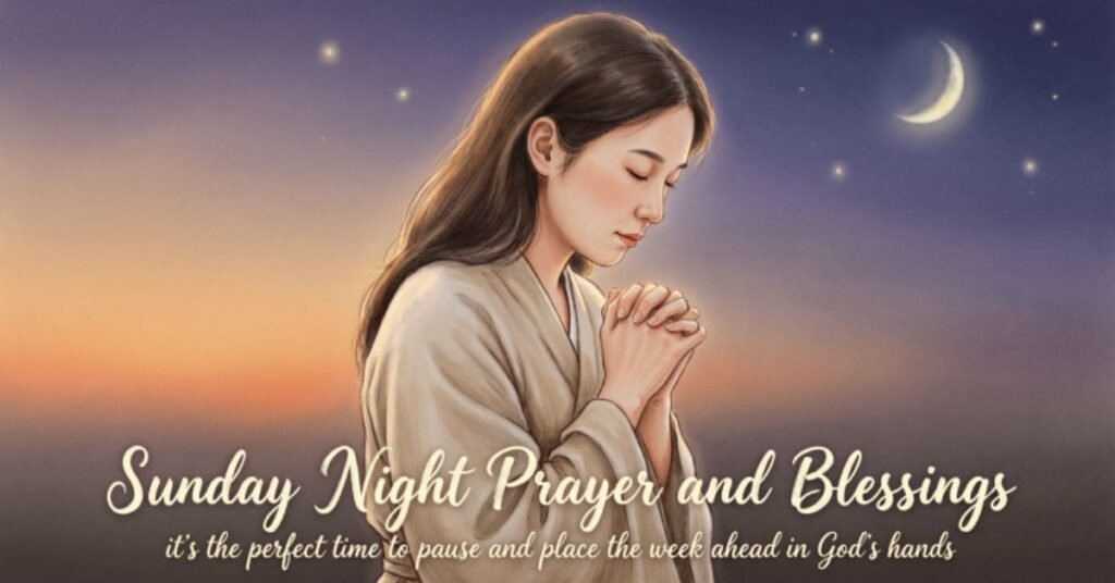 Sunday Night Prayer and Blessings with a young woman praying under a starry night sky with a crescent moon and the text: it's the perfect time to pause and place the week ahead in God's hands