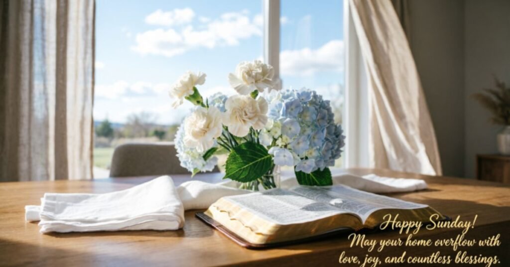 Sunday Prayer and Blessings image with an open Bible, fresh flowers, and a Happy Sunday message for a peaceful home