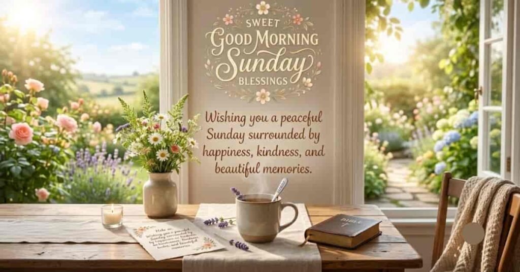 Cozy Sunday morning scene with a coffee mug, fresh flowers, candle, Bible, and a blooming garden view through an open window, featuring a Sweet Good Morning Sunday Blessings message wishing peace, happiness, kindness, and beautiful memories.