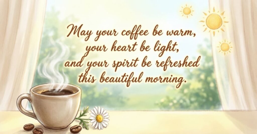 Sweet Good Morning Thursday Blessings with a hot coffee cup, daisy flowers, sunshine, and an uplifting morning quote.