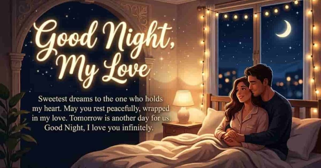Sweet Good Night Message for My Love illustration featuring a romantic couple cuddling on a cozy bed under a moonlit night, with warm fairy lights and a heartfelt good night love message.