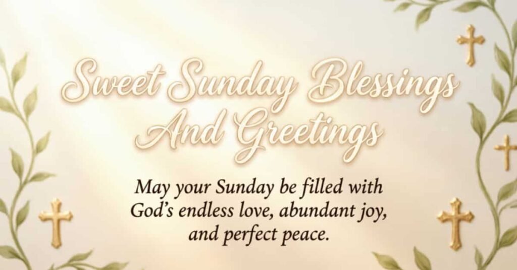 Sweet Sunday blessings and greetings image with elegant Christian typography, golden crosses, and leafy floral accents, sharing a heartfelt Sunday blessing filled with God's endless love, abundant joy, perfect peace, and faith.