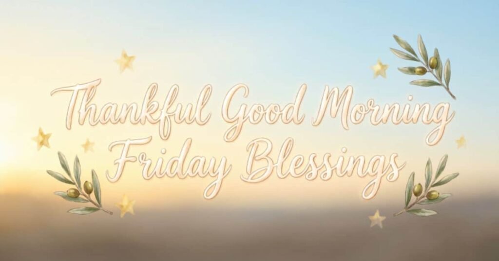Thankful Good Morning Friday Blessings image with elegant olive branches and glowing stars, featuring a warm message of gratitude and positivity.”