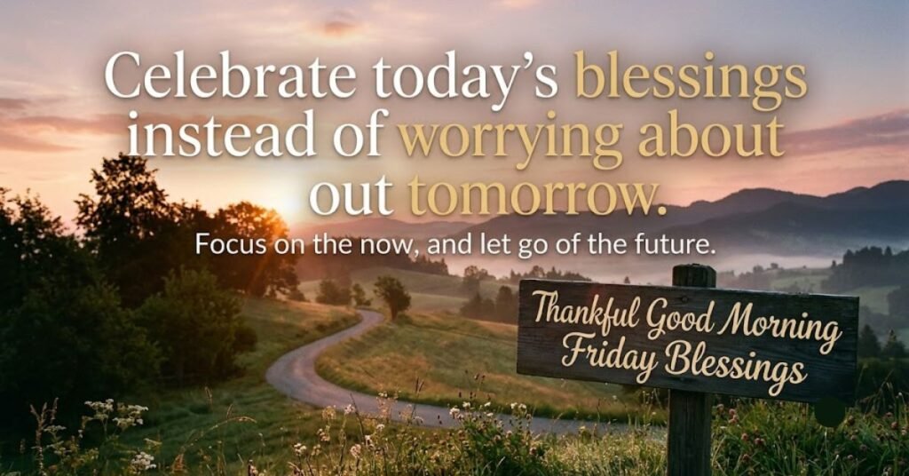 Thankful Good Morning Friday Blessings with a sunrise landscape and an inspiring quote about gratitude and living in the present.