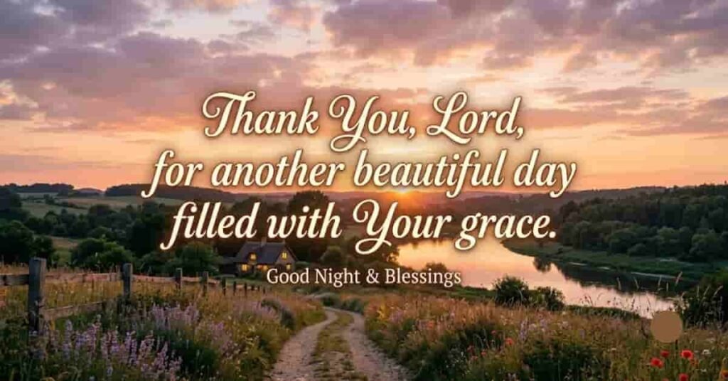 Thankful Good Night Blessings image featuring a peaceful countryside sunset over a river, winding path, blooming wildflowers, and a grateful Christian message thanking God for His grace and blessings.
