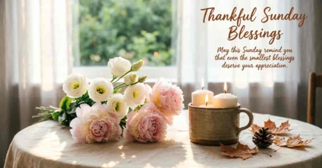 Thankful Sunday blessings with pink and white flowers, glowing candles, a coffee mug, and autumn leaves beside a sunny window.