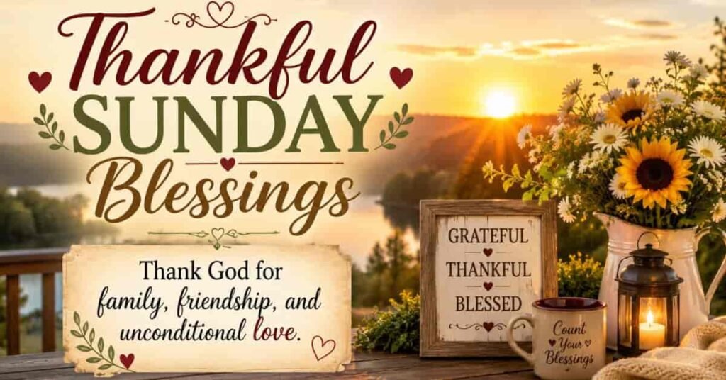 Thankful Sunday Blessings image with a beautiful sunrise over a lake, vibrant sunflowers and daisies, a glowing lantern, coffee mug, and a grateful message thanking God for family, friendship, and unconditional love.