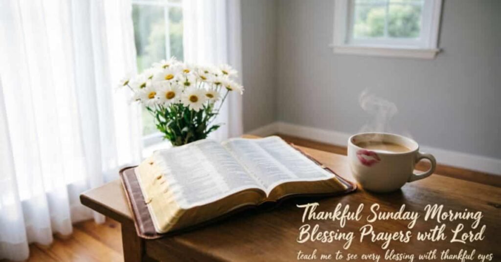 Thankful Sunday morning blessing prayers image featuring an open Bible, steaming coffee cup, and white flowers on a wooden table by a sunlit window, symbolizing gratitude, faith, peace, and God's blessings for a joyful Sunday morning.