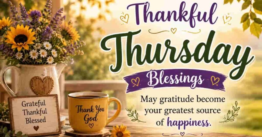 Thankful Thursday Blessings image with a coffee mug, sunflowers, fresh flowers, and an inspiring Christian gratitude message encouraging thankfulness and happiness on a peaceful Thursday morning.