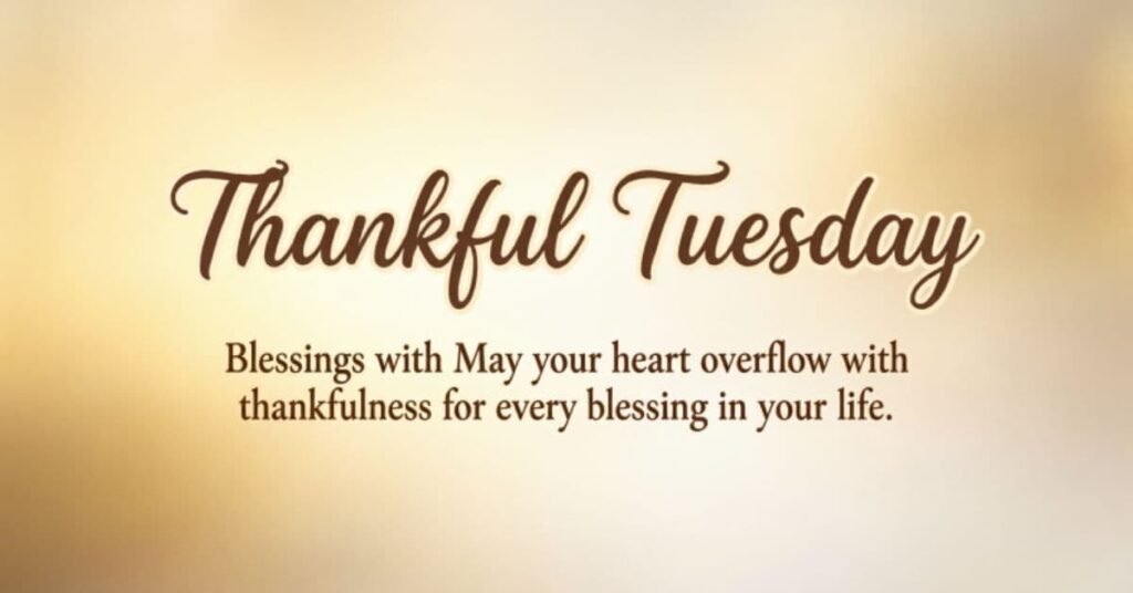 Thankful Tuesday Blessings image with a soft golden background and an inspiring message, 'May your heart overflow with thankfulness for every blessing in your life,' celebrating gratitude, faith, and positive Tuesday blessings.