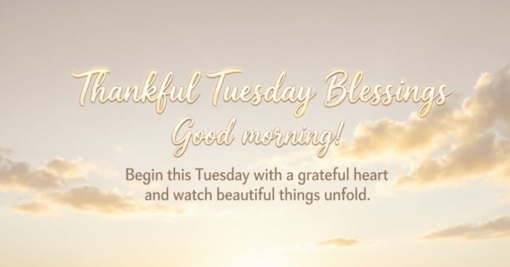 Thankful Tuesday Blessings Good Morning with a golden sunrise, soft clouds, and an uplifting gratitude message.