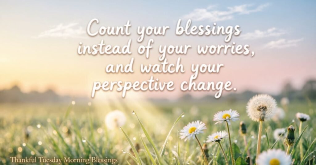 Thankful Tuesday Morning Blessings featuring a beautiful sunrise, blooming wildflowers, and an inspiring quote encouraging gratitude, positivity, faith, and a renewed perspective on life.