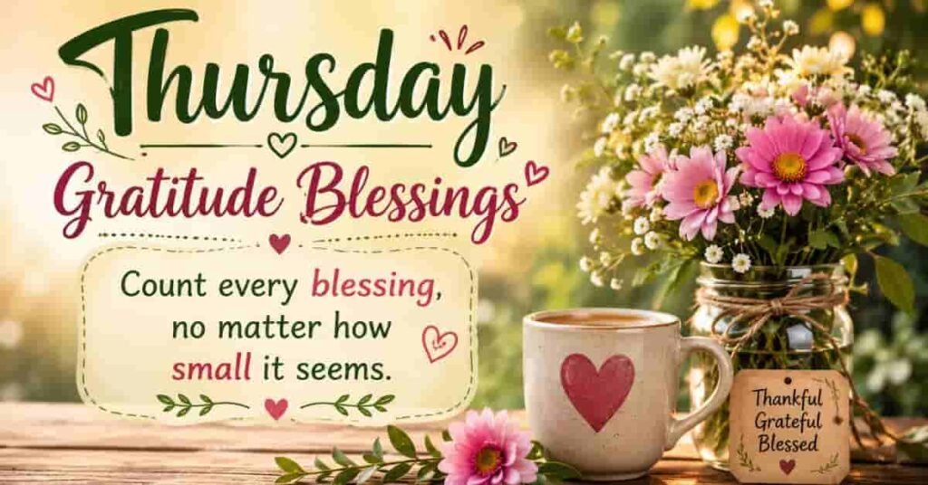 Thursday Gratitude Blessings image featuring fresh pink flowers, a coffee mug, and an inspiring Christian message encouraging gratitude and counting every blessing, no matter how small.