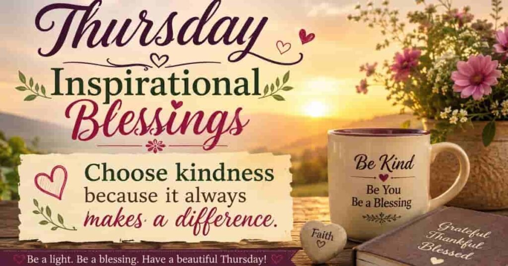 Thursday Inspirational Blessings image featuring a sunrise, coffee mug, flowers, Bible, and an uplifting Christian quote encouraging kindness, faith, gratitude, and being a blessing to others.