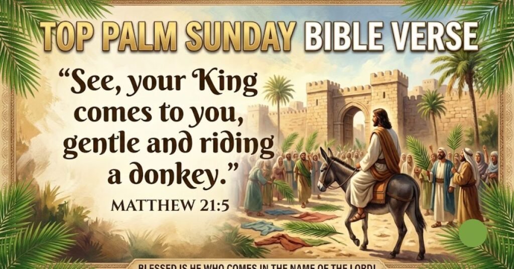 Top Palm Sunday Bible Verse image featuring Jesus riding a donkey into Jerusalem as people wave palm branches, alongside Matthew 21:5 celebrating Christ's triumphant entry on Palm Sunday.
