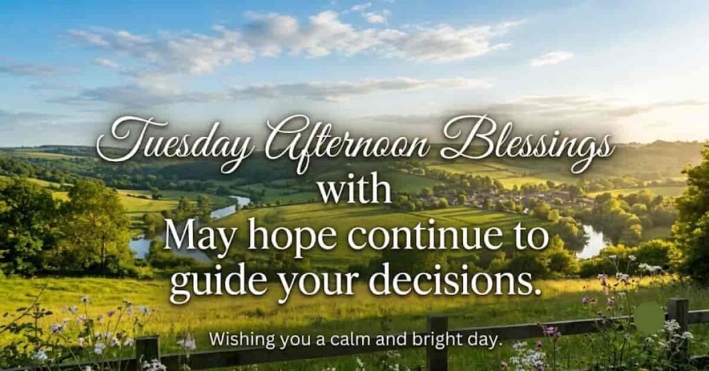 Tuesday Afternoon Blessings image featuring a peaceful countryside landscape with rolling green hills, a winding river, and the inspirational message, "May hope continue to guide your decisions," wishing you a calm and bright Tuesday afternoon.