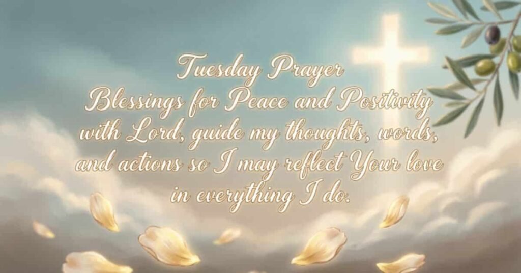 Tuesday prayer blessings image featuring a glowing cross, peaceful clouds, olive branches, and an inspiring Christian prayer for peace, positivity, faith, and God's guidance throughout the day.