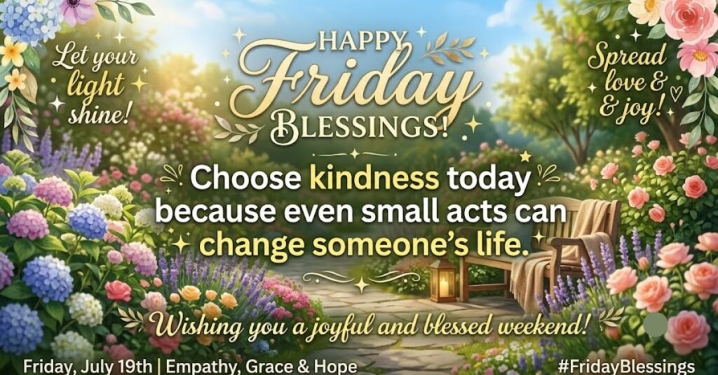 Happy Friday Blessings image with flowers, a garden bench, and an inspiring kindness quote.