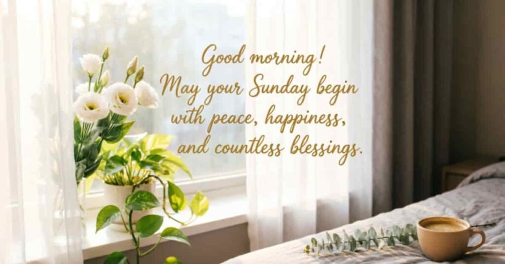 Good Morning Sunday blessings with white flowers, cozy bedroom, coffee, and an inspiring peace and happiness quote.