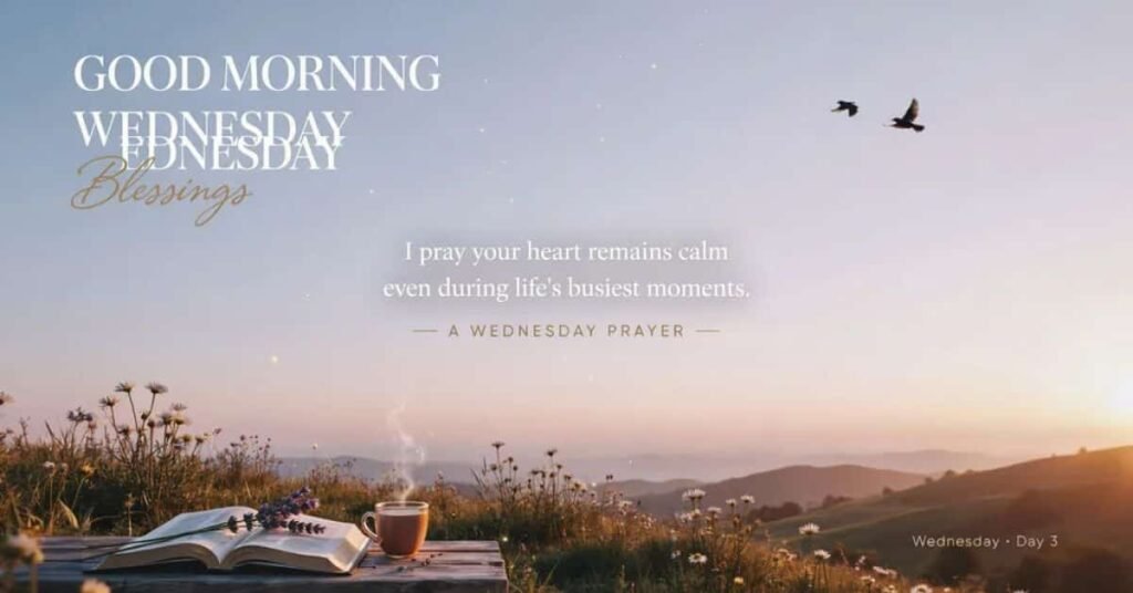 Peaceful Good Morning Wednesday Blessings image featuring a steaming coffee cup, open Bible, wildflowers, and a scenic sunrise over rolling hills, with an inspiring Wednesday prayer asking for a calm heart during life's busiest moments.