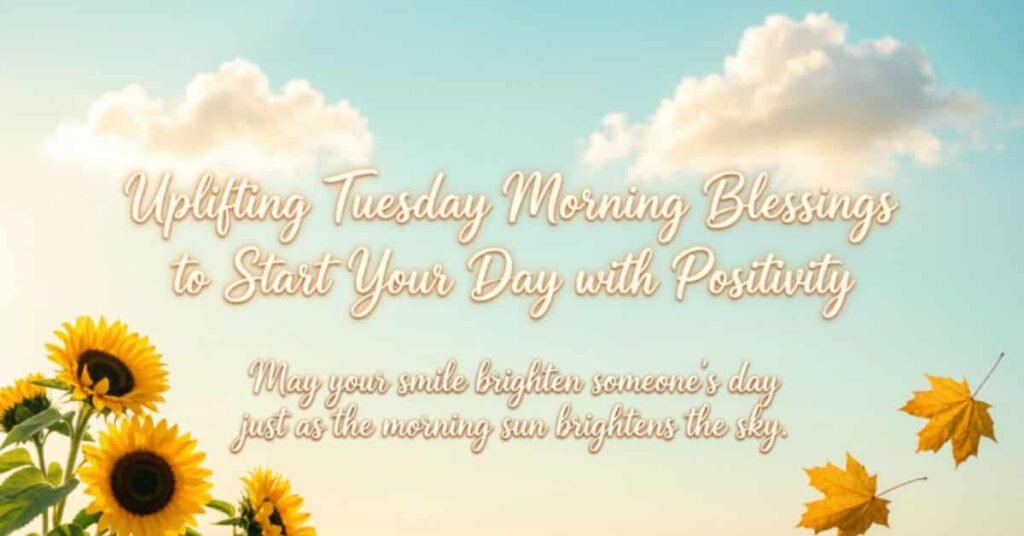 Uplifting Tuesday morning blessings image with bright sunflowers, blue sky, and an inspiring message encouraging positivity, kindness, hope, and a joyful start to the day.