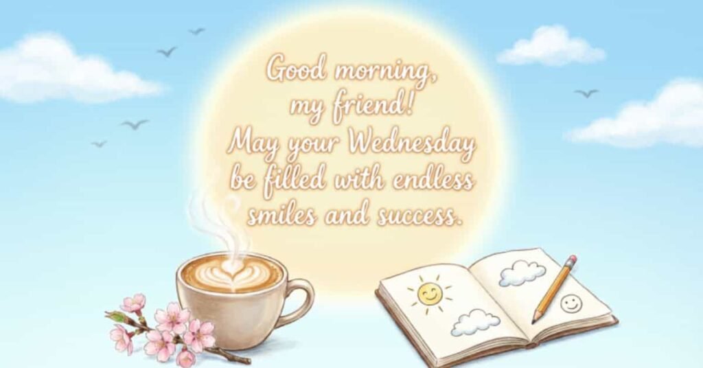 Good morning Wednesday blessings quote image featuring a coffee cup, flowers, notebook, and a cheerful message for friends wishing endless smiles and success.
