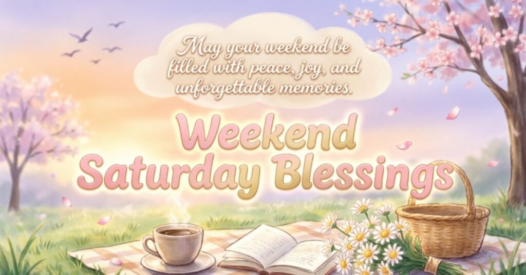 Weekend Saturday Blessings featuring a serene spring landscape with blooming cherry blossoms, coffee, an open book, daisies, picnic basket, and an inspirational blessing for a peaceful, joyful, and memorable weekend.