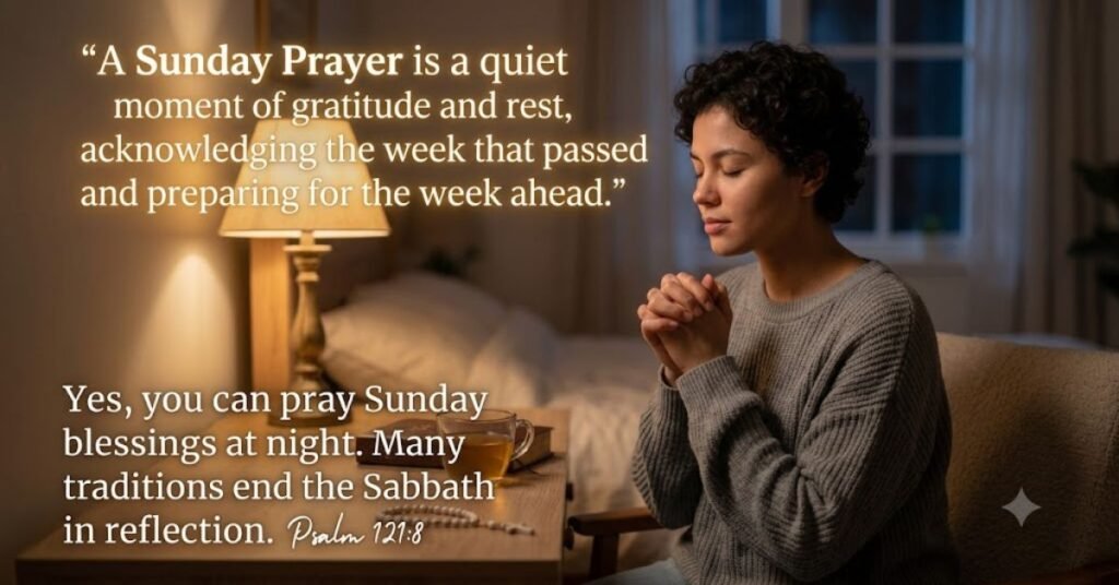 An informational image about Sunday Prayer featuring a woman praying in a cozy room with a table lamp and a cup of tea, with the text: A Sunday Prayer is a quiet moment of gratitude and rest, acknowledging the week that passed and preparing for the week ahead.