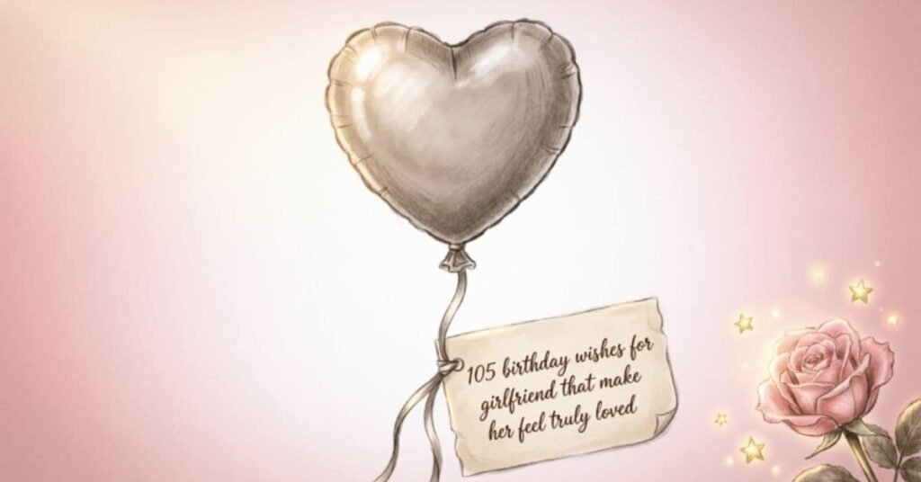 105 birthday wishes for girlfriend that make her feel truly loved, featuring a heart-shaped balloon, pink rose, and romantic birthday tag.