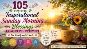 105 Powerful Inspirational Sunday Morning Blessings, Prayers, Quotes & Images for Family and Friends with a peaceful sunrise, colorful flowers, gratitude mug, and uplifting Sunday messages.