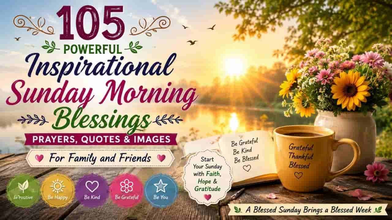 105 Powerful Inspirational Sunday Morning Blessings, Prayers, Quotes & Images for Family and Friends with a peaceful sunrise, colorful flowers, gratitude mug, and uplifting Sunday messages.