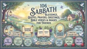 Serene Sabbath landscape illustration with a river, open Bible, candles, and doves, titled "106 Sabbath Blessings, Quotes, Prayers, Greetings, Bible Verses & Images For Friends.