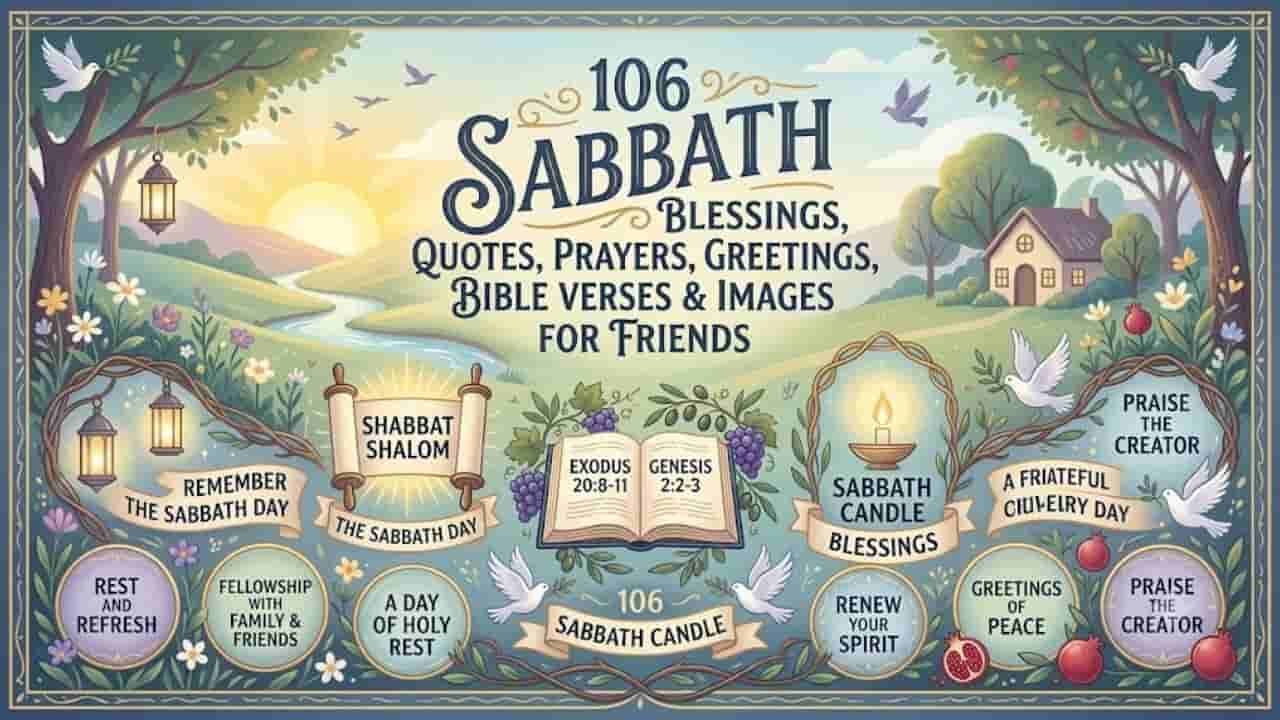 Serene Sabbath landscape illustration with a river, open Bible, candles, and doves, titled "106 Sabbath Blessings, Quotes, Prayers, Greetings, Bible Verses & Images For Friends.