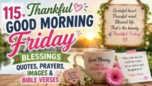 115 Thankful Good Morning Friday Blessings with inspirational quotes, prayers, Bible verses, a sunrise, coffee mug, flowers, and gratitude-themed decorations.