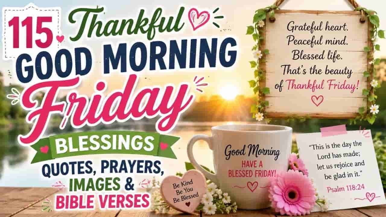 115 Thankful Good Morning Friday Blessings with inspirational quotes, prayers, Bible verses, a sunrise, coffee mug, flowers, and gratitude-themed decorations.