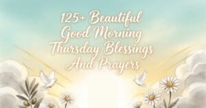 ul Good Morning Thursday Blessings and Prayers text with white doves, daisies, olive branches, and a peaceful sunrise background.