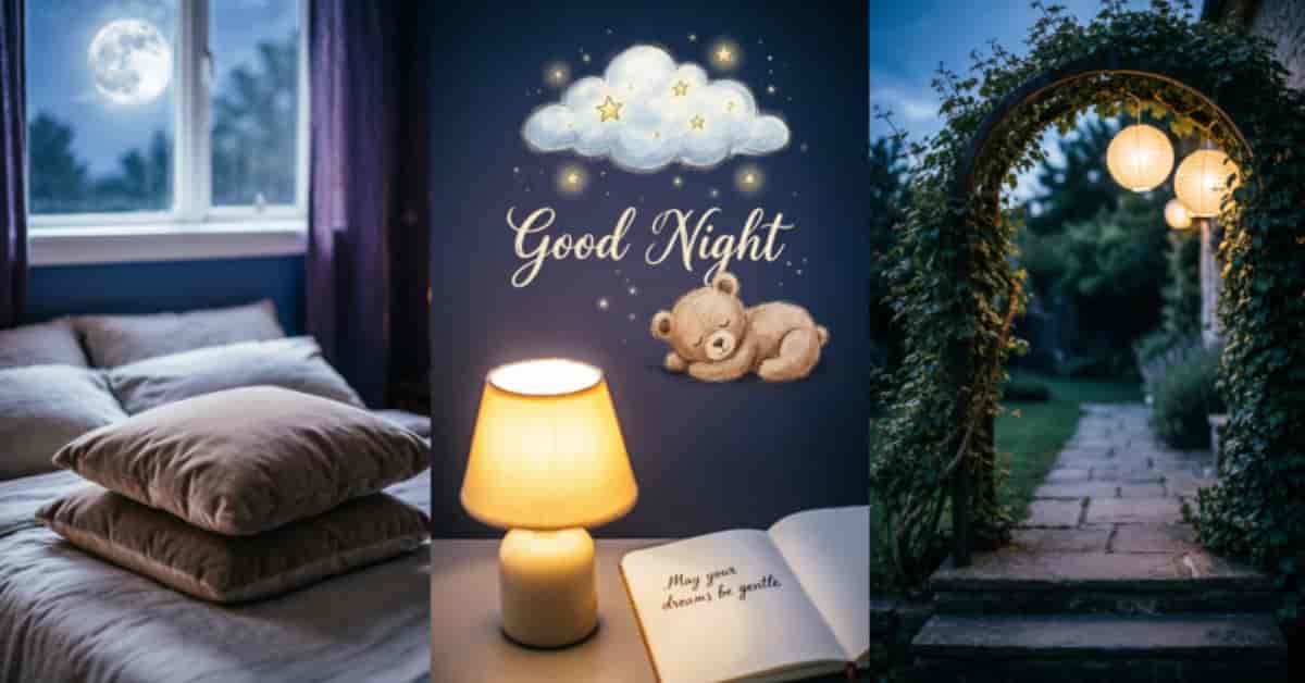 Good night blessings collage featuring a cozy bedroom with moonlight, a glowing lamp and teddy bear with “Good Night” text, and a peaceful garden pathway illuminated by hanging lanterns.