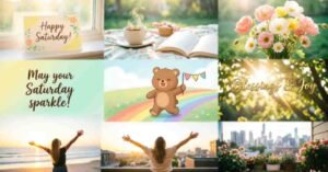 Collage of happy Saturday blessings and greetings featuring flowers, sunshine, a cozy book and coffee scene, uplifting messages, a rainbow bear illustration, and joyful morning views.