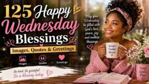 125 Happy Wednesday Blessings, quotes, and greetings graphic with a smiling woman holding a mug.