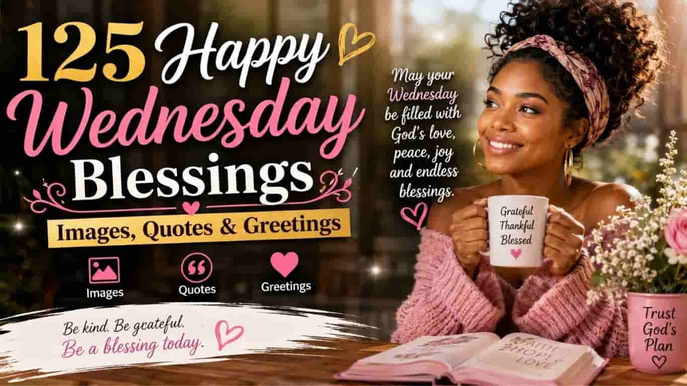 125 Happy Wednesday Blessings, quotes, and greetings graphic with a smiling woman holding a mug.