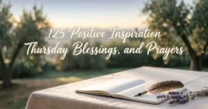 Open journal with a feather pen and lavender flowers on a table, featuring the text “125 Positive Inspiration Thursday Blessings and Prayers” against a peaceful nature background.