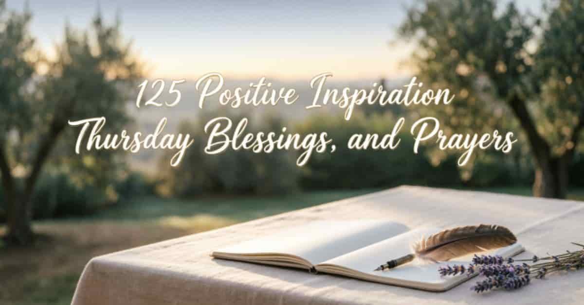 Open journal with a feather pen and lavender flowers on a table, featuring the text “125 Positive Inspiration Thursday Blessings and Prayers” against a peaceful nature background.